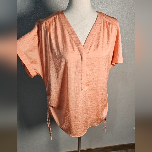 Chicos Peach V-Neck Silky Short Sleeve Blouse - Picture 9 of 16